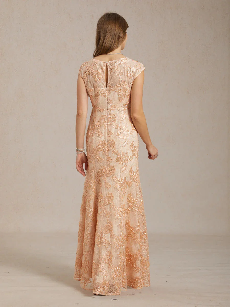 Rosette Lace Cap Sleeve V-neck Mermaid Gown