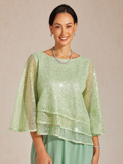 Haut Superposé en Mesh à Manches Cloche et Sequins