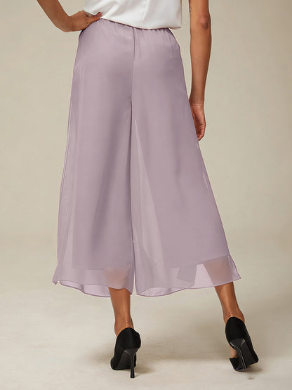 Cropped Length Straight Leg Pant With Chiffon Split Leg Overlay
