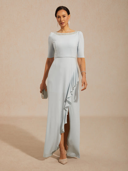 Boat Neck Ruffle A-Line Maxi Dress with Rhinestone Neck Detail