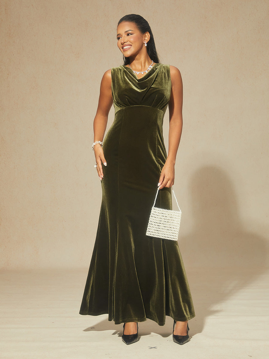 High-Stretch Velvet Sleeveless Midi Dress with Cowl Neck