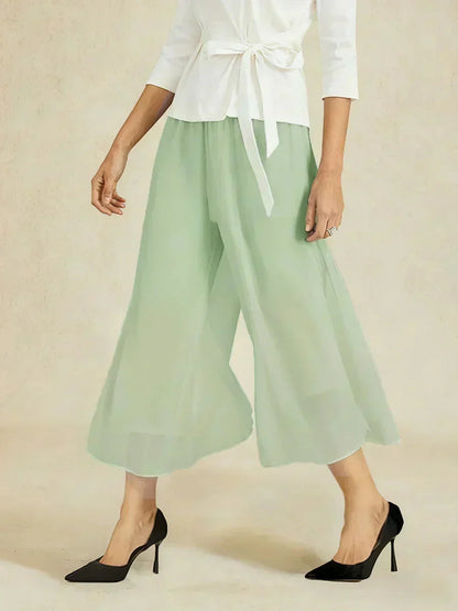 Cropped Length Straight Leg Pant With Chiffon Split Leg Overlay