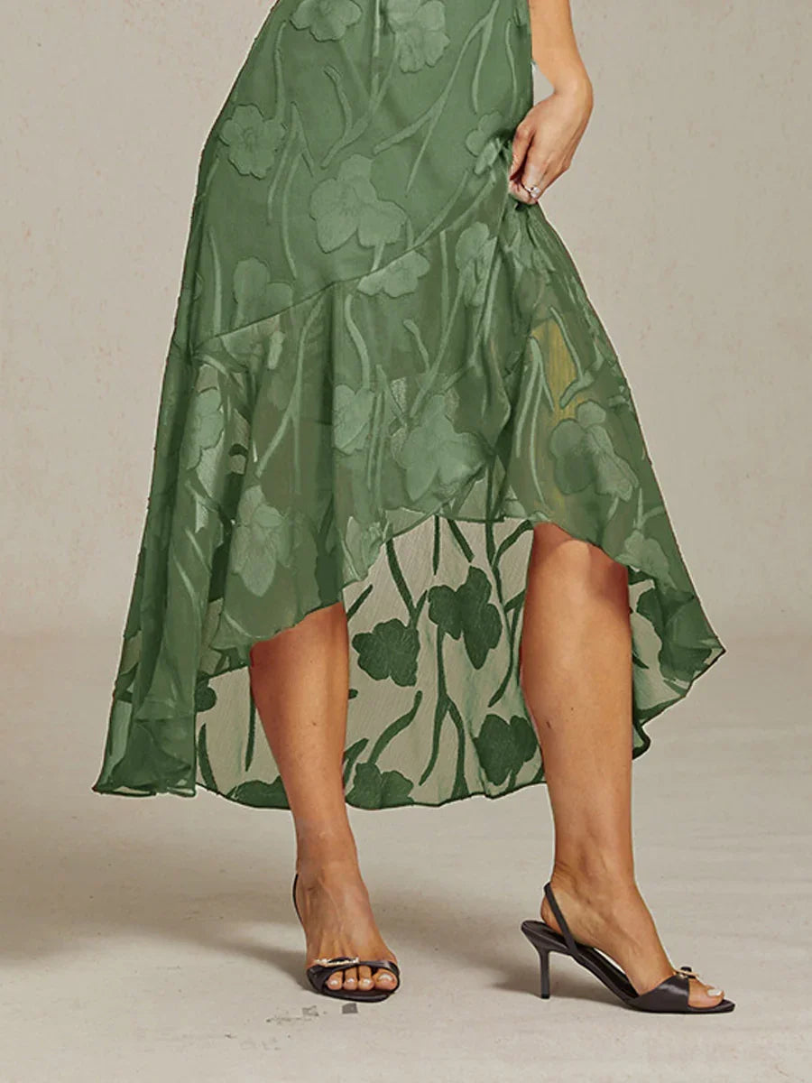 Ärmelloses Abendkleid aus Chiffon mit Blumenmuster und asymmetrischem Saum