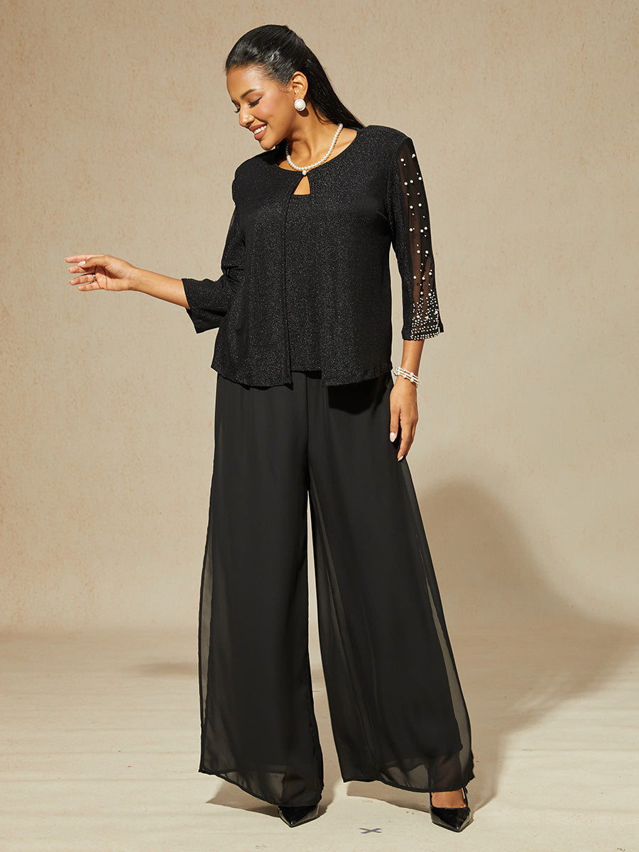 Beaded 3/4 Sleeve Metallic Knit Blouse And Pant Suits
