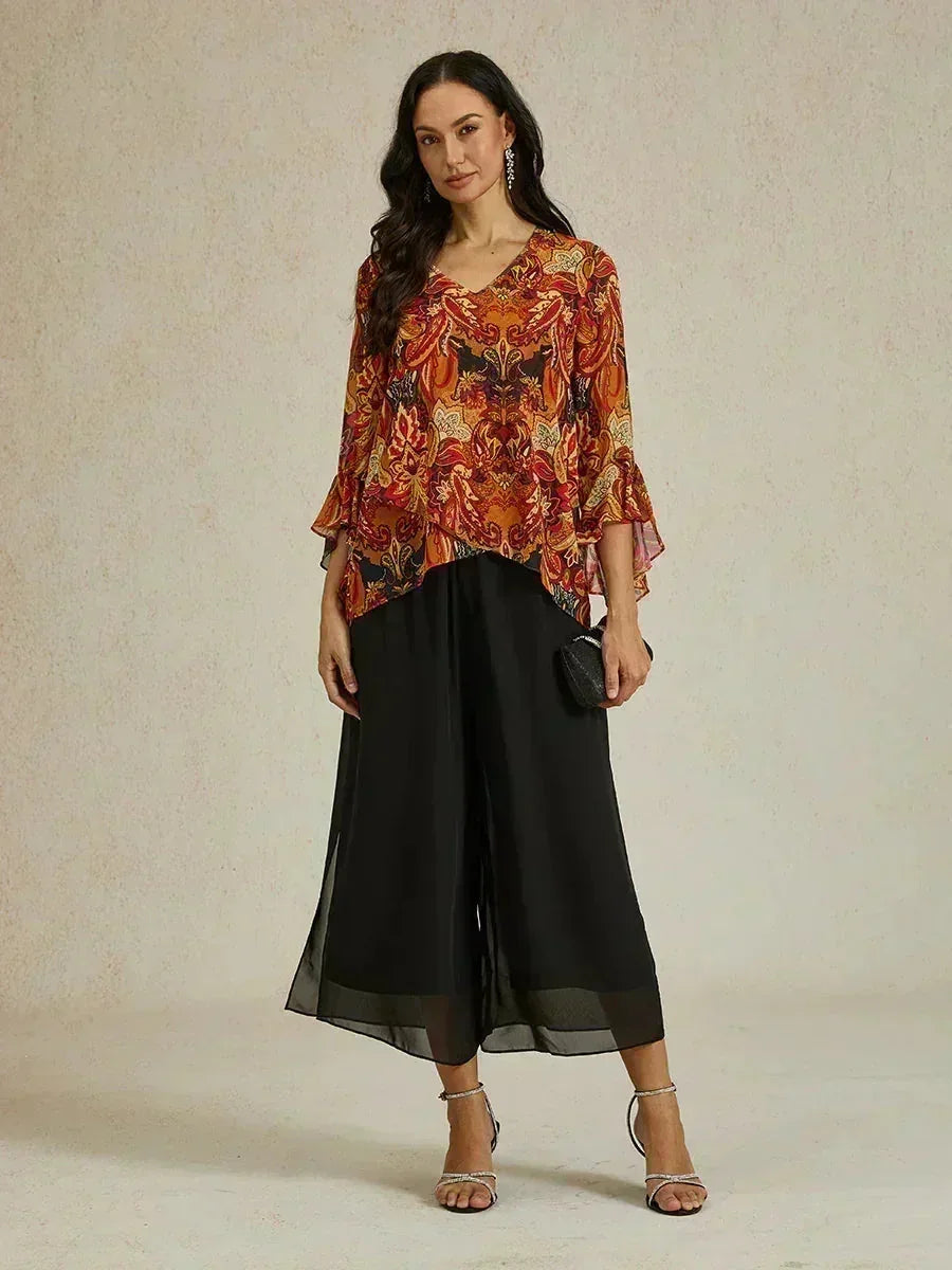Cropped Length Straight Leg Pant With Chiffon Split Leg Overlay