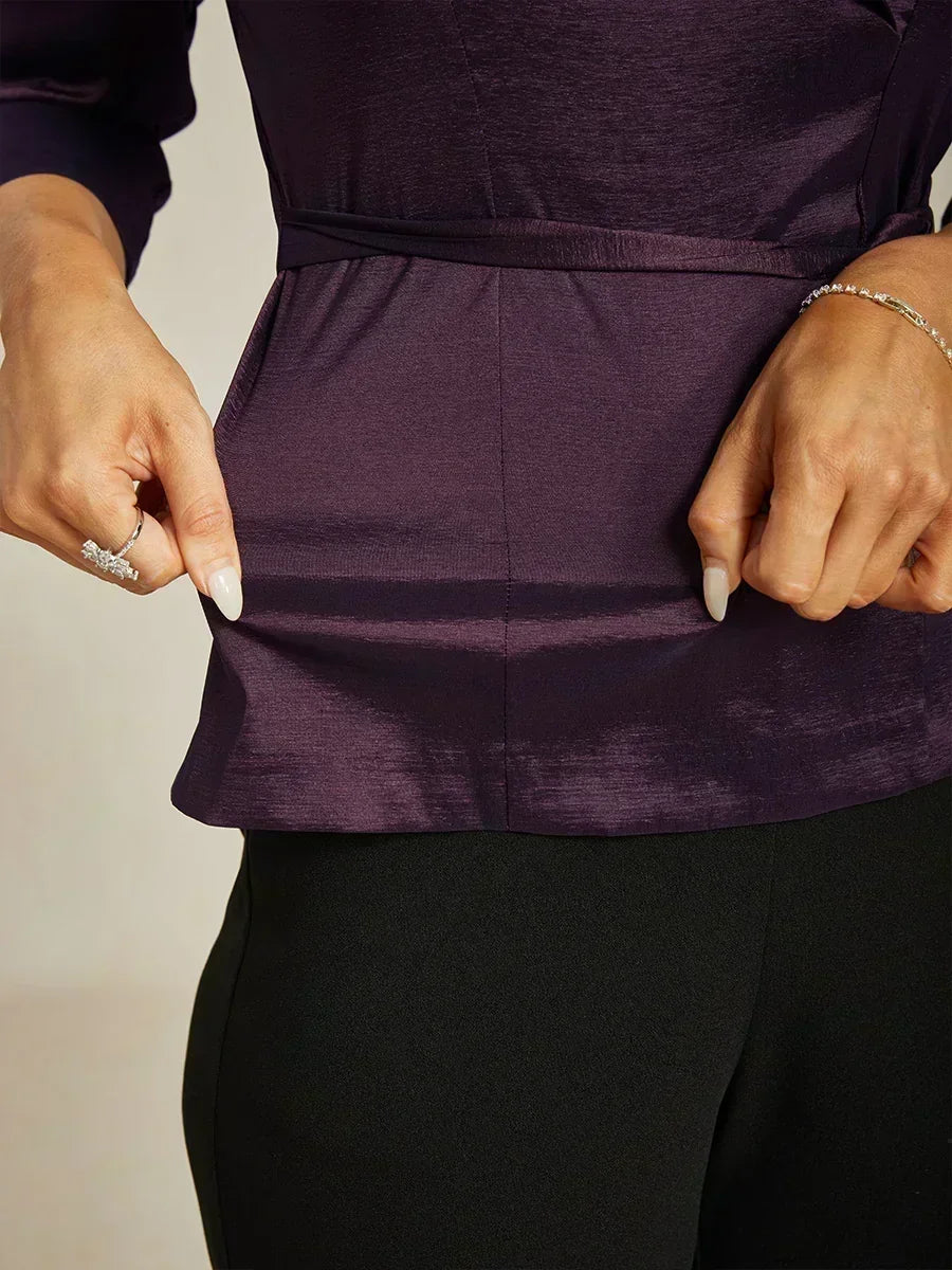 3/4 Sleeve Stretch Taffeta Blouse with Tie Waist Detail