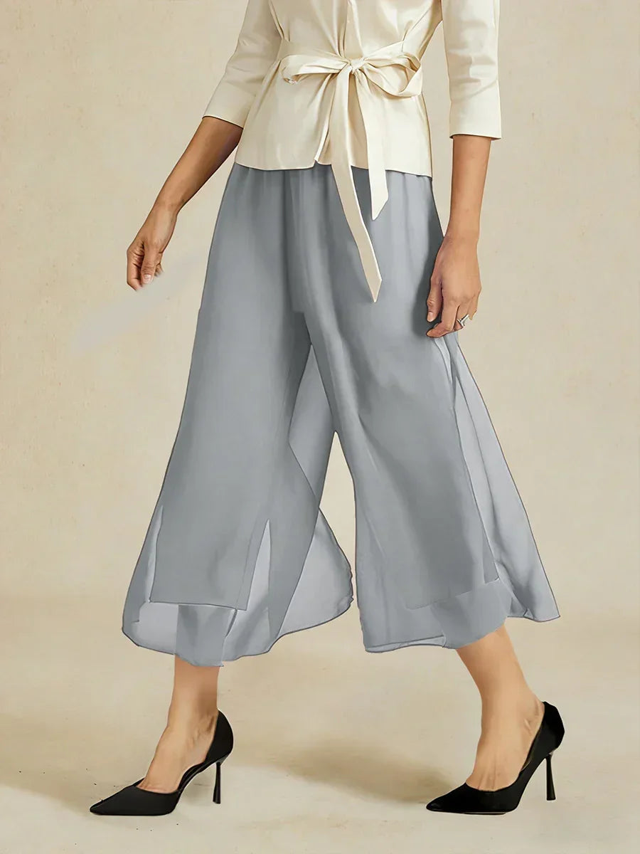 Cropped Length Straight Leg Pant With Chiffon Split Leg Overlay