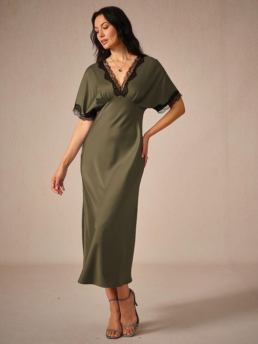 Satin-Lace-Trim-V-Neck-Olive-Dress-Olive-S13399393