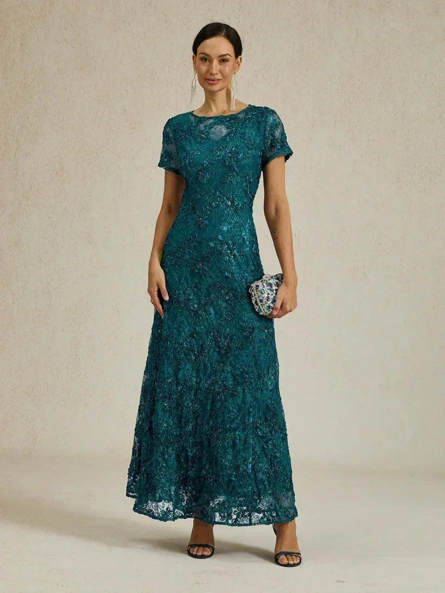 Vestido línea A con encaje roseta y adornos de lentejuelas