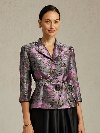 3/4 Sleeve Floral Jacquard Blouse with Tie Waist