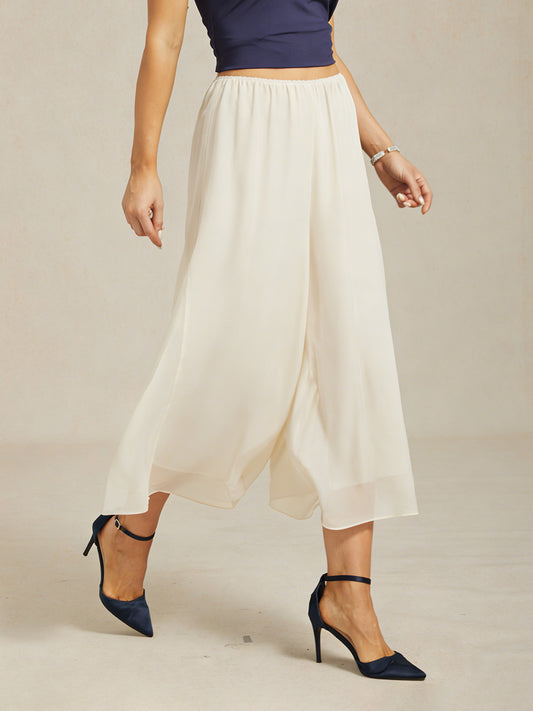 Cropped Length Straight Leg Pant With Chiffon Split Leg Overlay