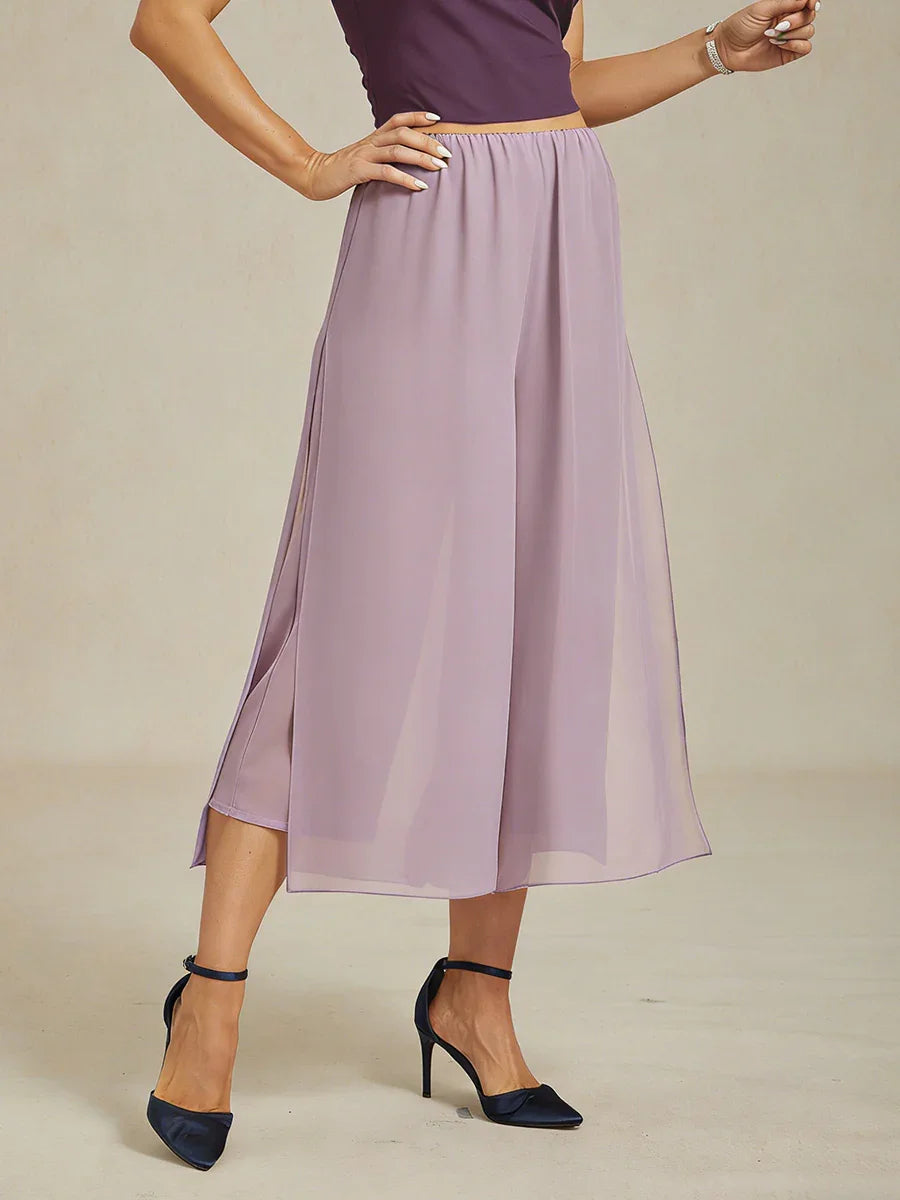 Cropped Length Straight Leg Pant With Chiffon Split Leg Overlay