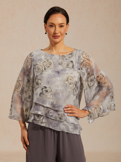 Lace Chiffon Layered Blouse with Floral Print