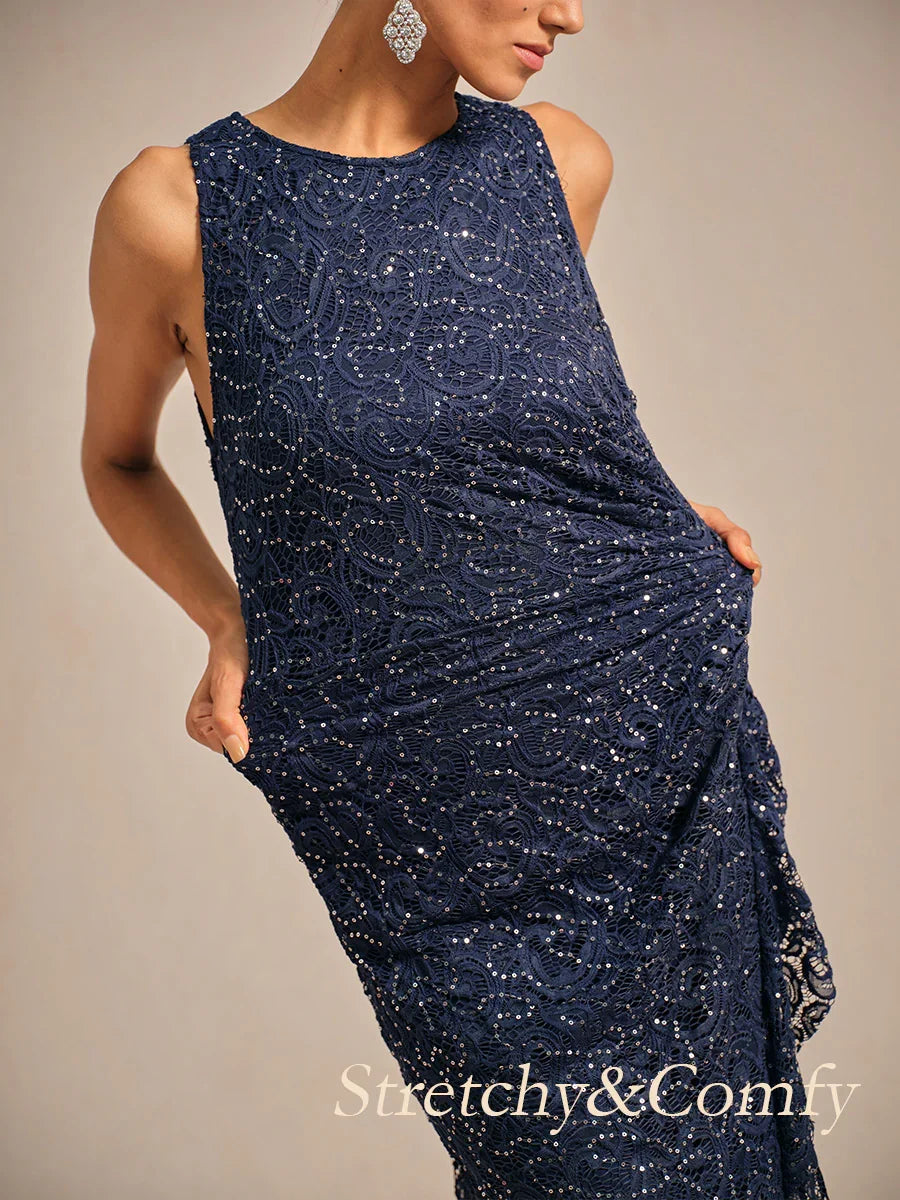 Robe Longue en Dentelle et Sequins avec Détail à Volants