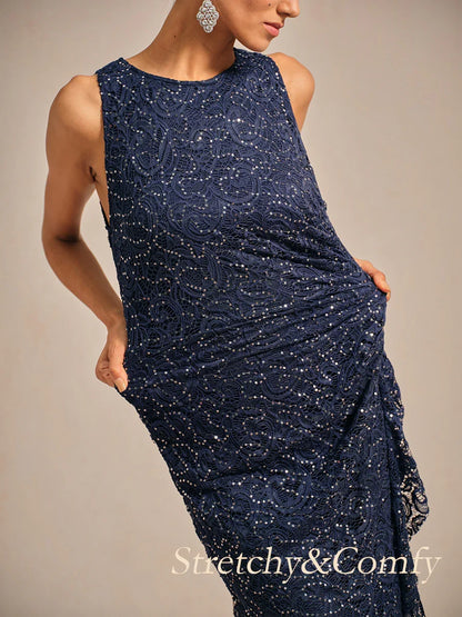 Robe Longue en Dentelle et Sequins avec Détail à Volants