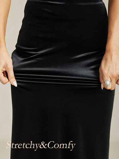 Long Stretch Velvet Evening Dress with 3/4 Sleeves