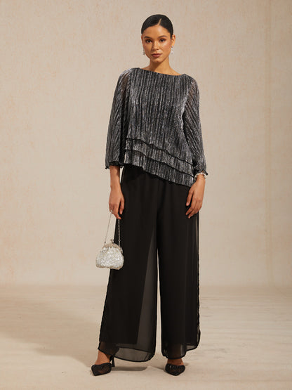 Blouse Asymétrique à Volants Superposés en Chiffon Plissé Métallisé