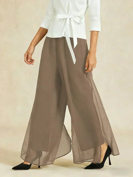 Pantalon droit avec superposition de jambes fendues en mousseline