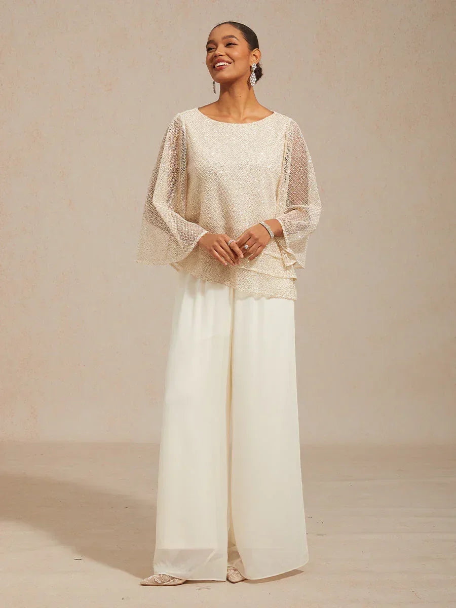 Mesh Sequin Layered Top Chiffon Pant Suits