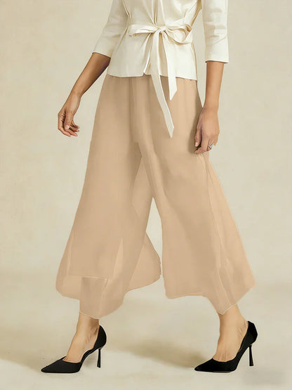 Cropped Length Straight Leg Pant With Chiffon Split Leg Overlay