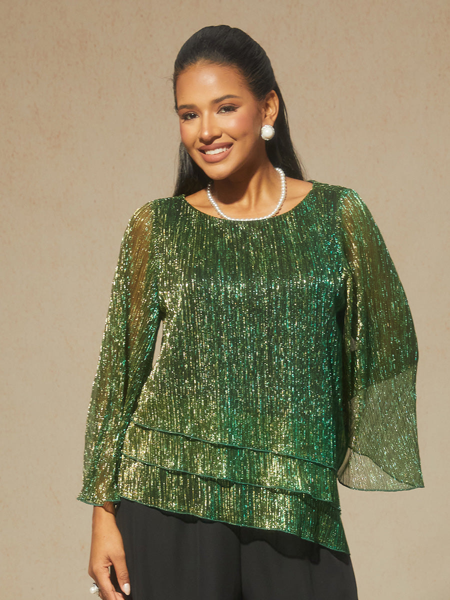 Asymmetrische Lagenbluse aus metallisch schimmerndem, plissiertem Chiffon