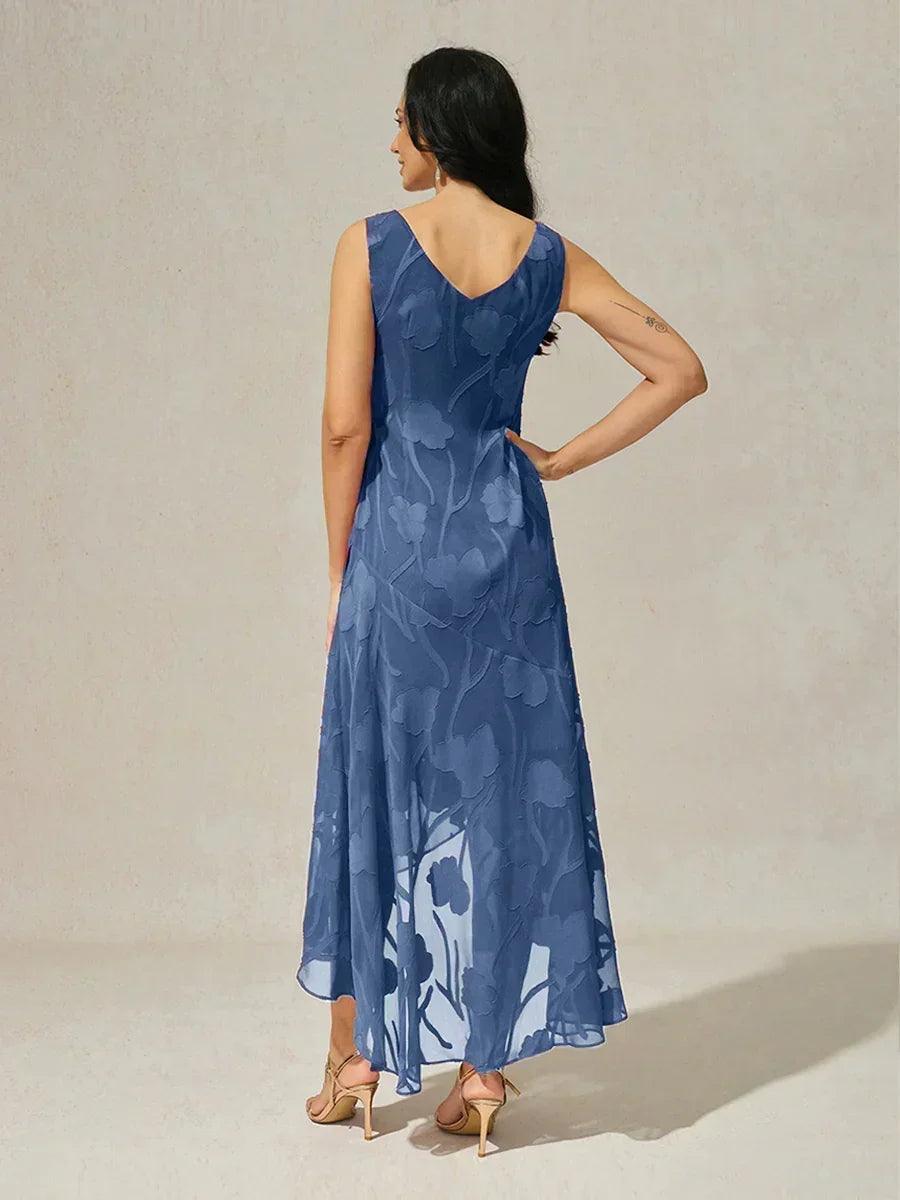 Navy Floral Chiffon Evening Gown Sleeveless A-Line Dress with Asymmetrical Hem for Weddings Formal Events msglamor Navy Floral Chiffon Evening Gown Sleeveless A-Line Dress with Asymmetrical Hem for Weddings Formal Events msglamor