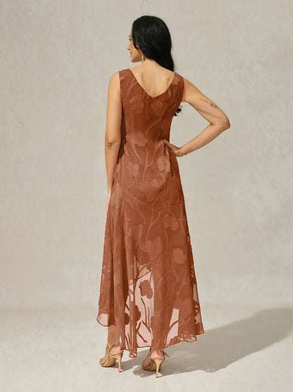 Floral Chiffon Sleeveless Evening Gown with Asymmetrical Hem