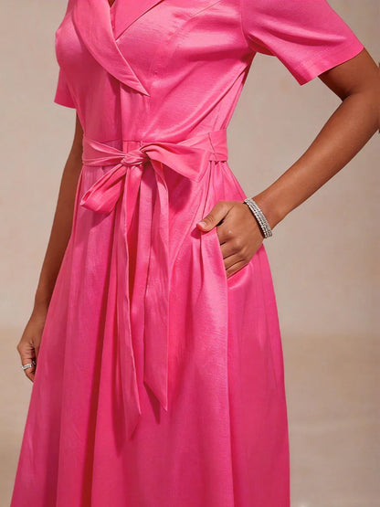 Collar Stretch Taffeta Dress with Tie Waist Belt