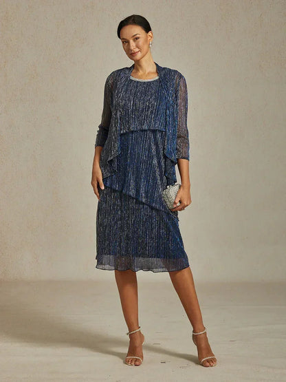 Metallic Pleated Chiffon Long Jacket with Layered Design