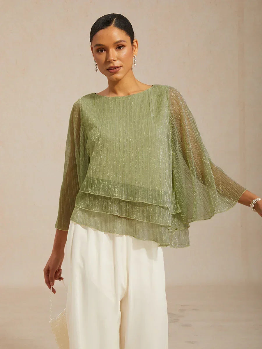 Metallic Pleated Chiffon Asymmetrical Layered Blouse