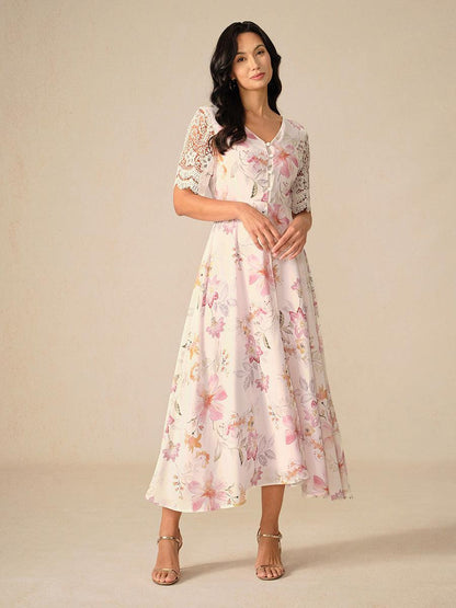 Floral Chiffon A-Line Dress with Lace Sleeves