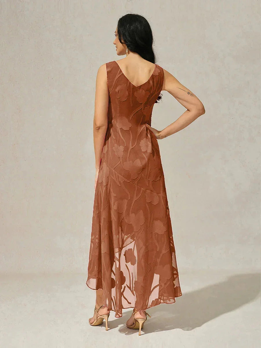 Ärmelloses Abendkleid aus Chiffon mit Blumenmuster und asymmetrischem Saum