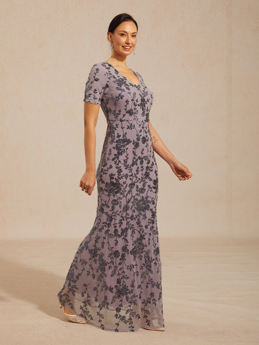 Floral Sequin Stretch Mesh Short Sleeve Dress