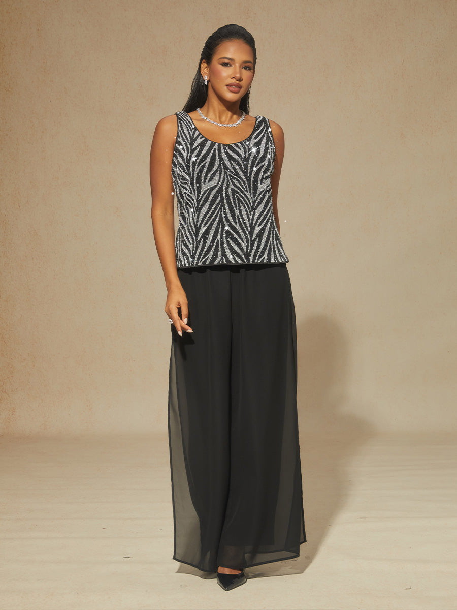 Elegant Mandarin Collar Twinset with Rhinestone-Embellished Zebra Print