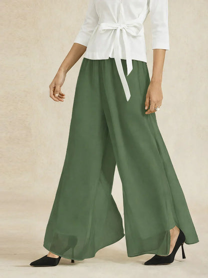 Pantaloni a gamba dritta con sovrapposizione in chiffon e spacco laterale