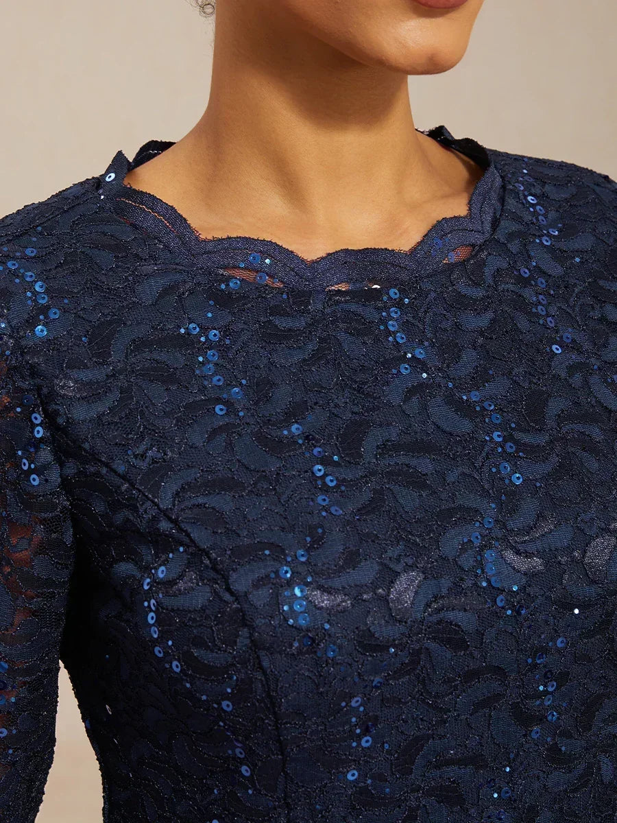 Elegant Lace and Chiffon Tea-Length Dress msglamor Elegant Lace and Chiffon Tea-Length Dress msglamor
