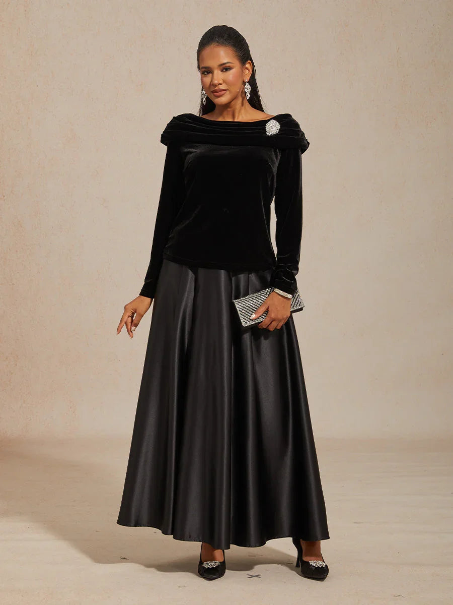 Long Sleeve Velvet Blouse with Ruched Collar