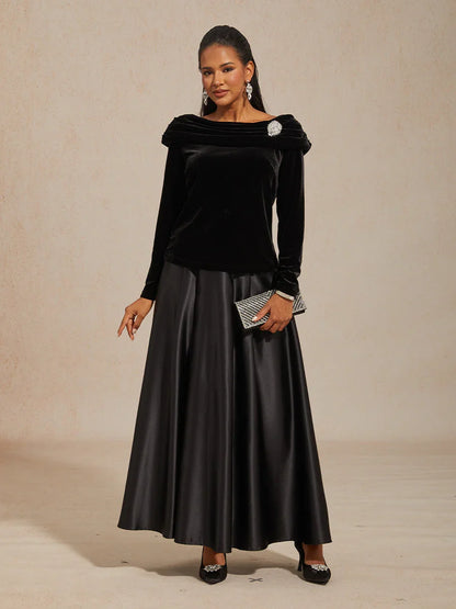 Long Sleeve Velvet Blouse with Ruched Collar