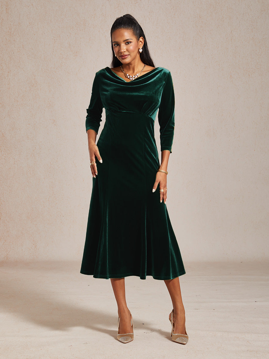 High-Stretch Velvet Sleeveless Midi Dress with Cowl Neck