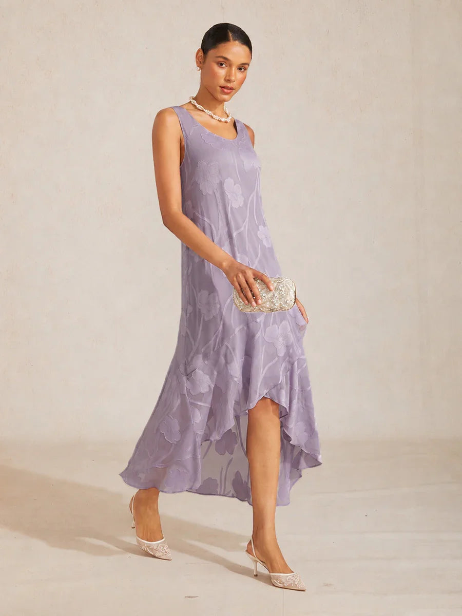 asymmetrical hemline dress Sheer Floral Beach Wedding Guest Dress Sleeveless High Low Flounce Hem Sophisticated Chic Summer Night Event Glamorous Over 50, Lilac / S