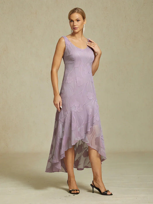 Floral Chiffon Sleeveless Evening Gown with Asymmetrical Hem