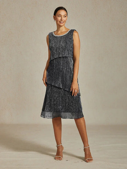 Metallic Pleated Chiffon Midi Dress with Beaded Round Neck