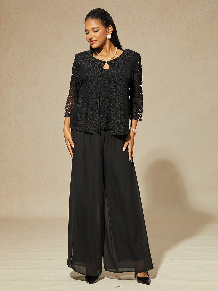 Beaded 3/4 Sleeve Metallic Knit Blouse And Pant Suits