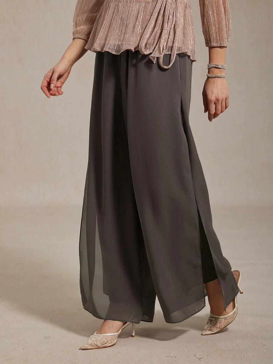 Lace Straight Leg Pant With Chiffon Split Leg Overlay