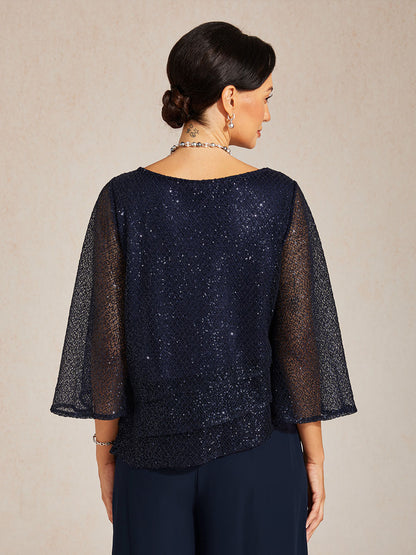 Haut Superposé en Mesh à Manches Cloche et Sequins