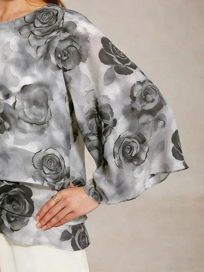 Lace Chiffon Layered Blouse with Floral Print