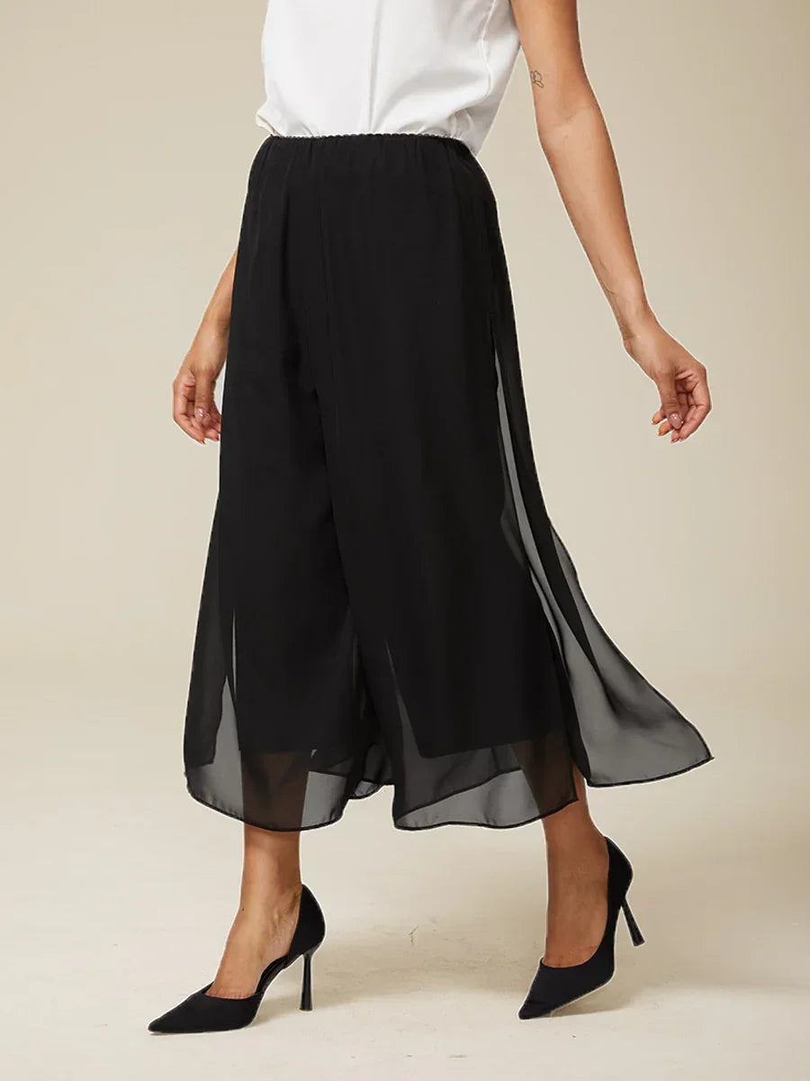 Cropped Length Straight Leg Pant With Chiffon Split Leg Overlay