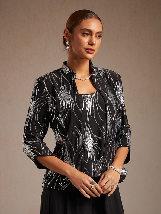 Elegant Mandarin Collar Sequin Twinset