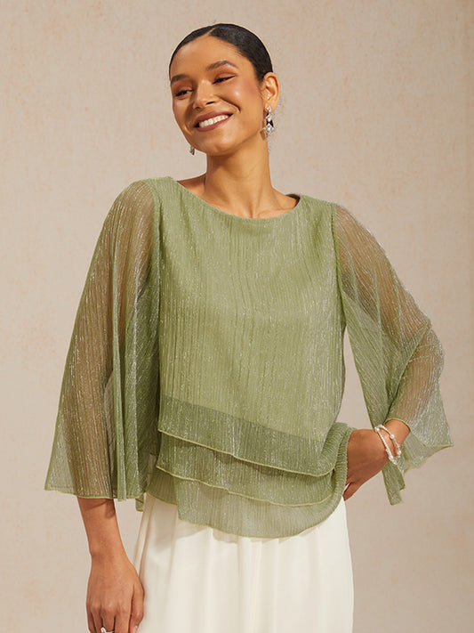 Metallic Pleated Chiffon Asymmetrical Layered Blouse