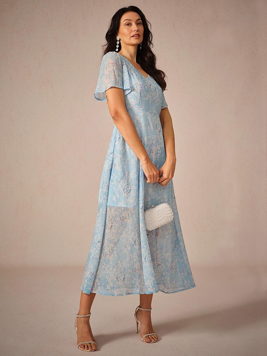 Floral Chiffon A Line Ruffle Sleeve Dress-S16651219